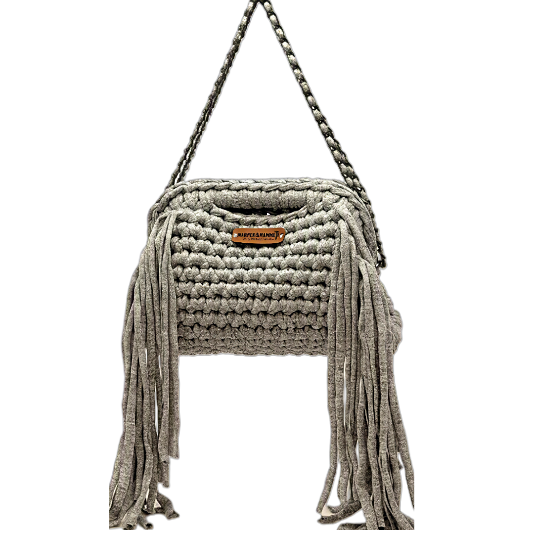 Gray crochet fringe bag with chain strap and Harper & Hammer leather tag