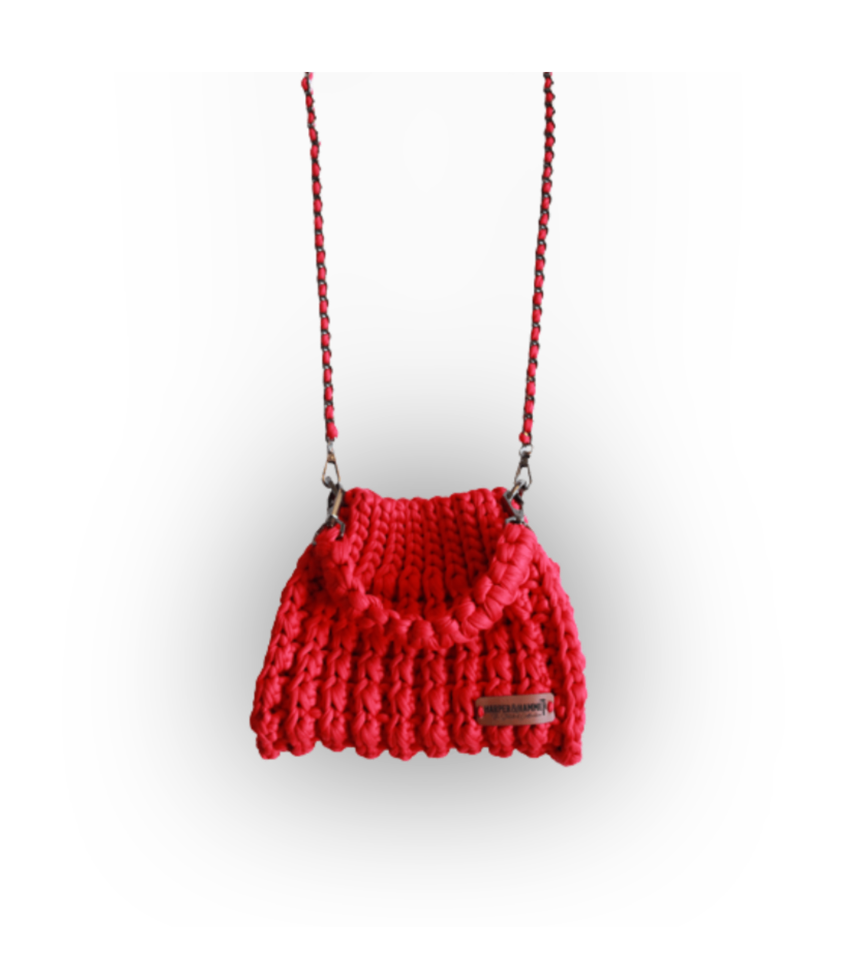 Red crochet bucket bag with chain strap and Harper & Hammer leather tag