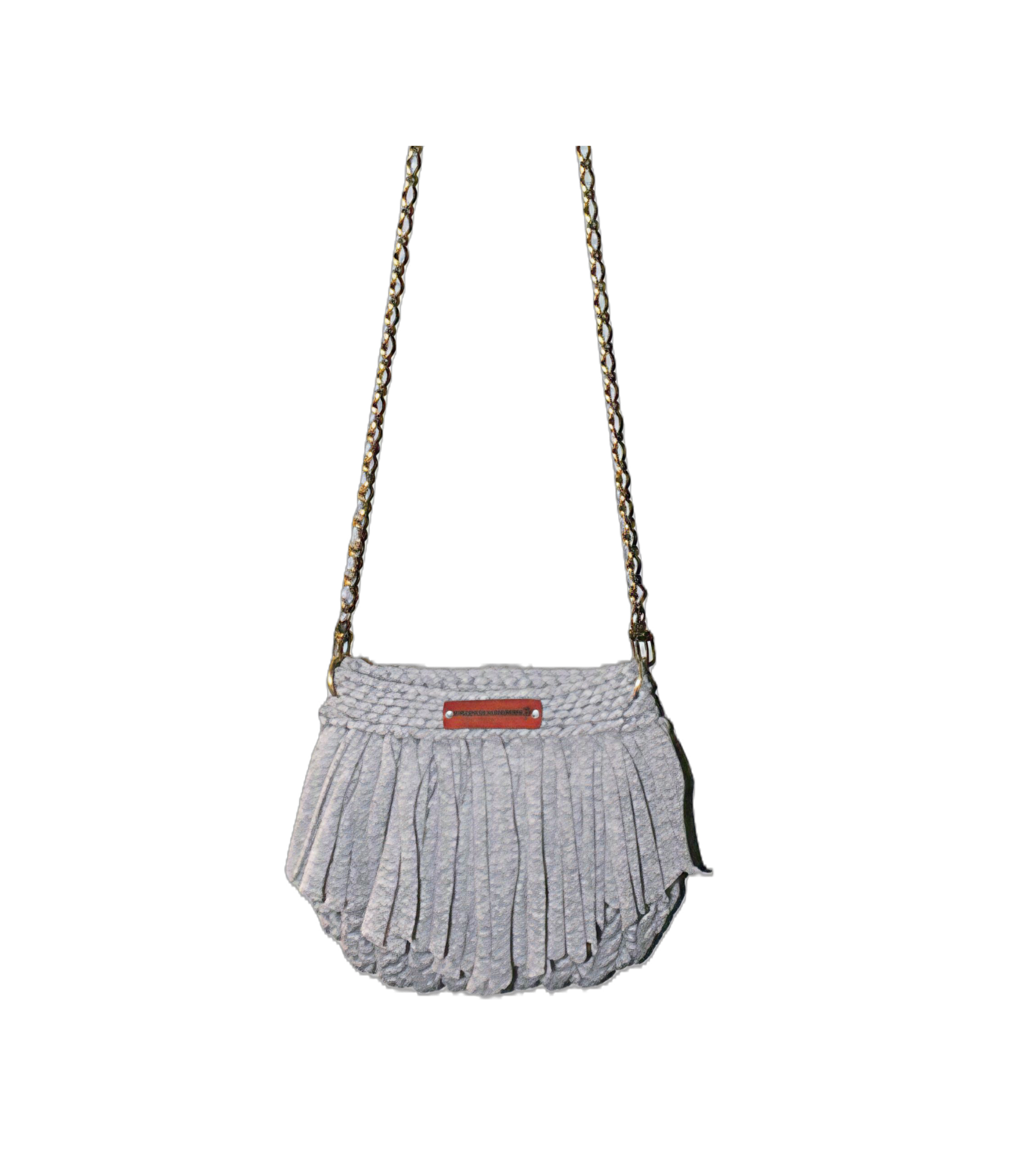 Gray crochet fringe shell bag with brass chain strap and Harper & Hammer leather tag