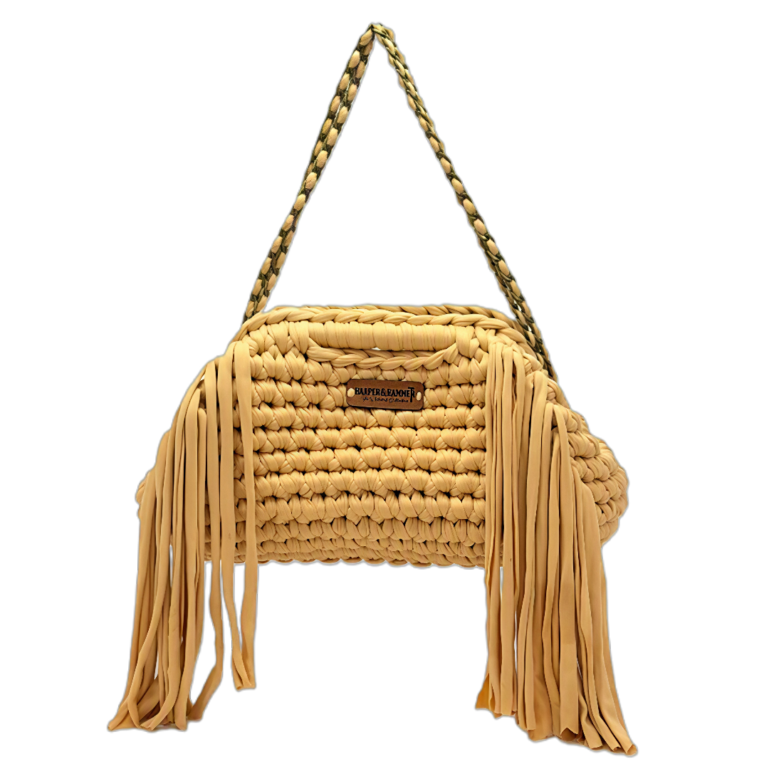 Tan crochet fringe bag with braided chain strap and Harper & Hammer leather tag