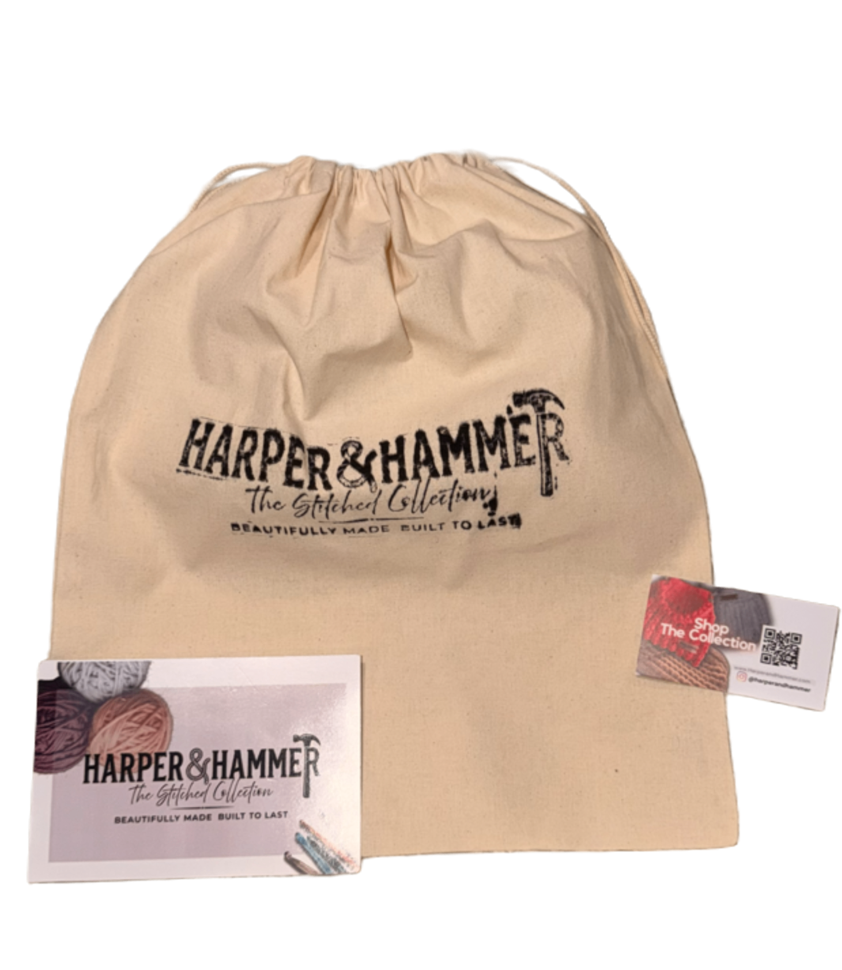 Harper & Hammer branded canvas dust bag with cards