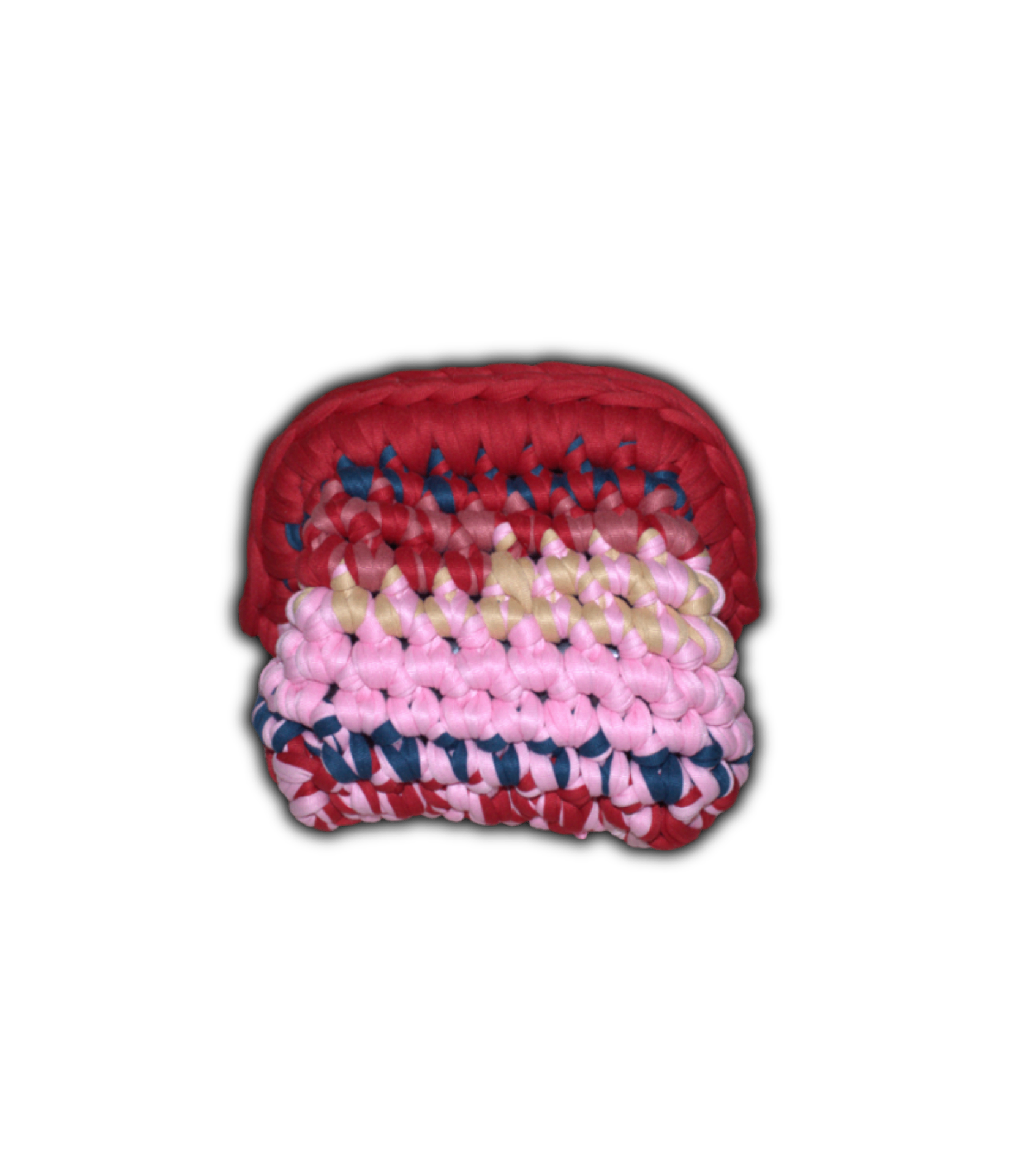 Colorful crochet clutch with red, pink, cream and blue woven pattern